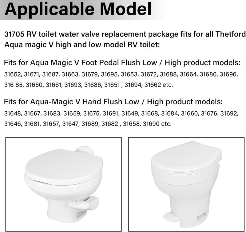NIULPFZTK 31705 31688 31687 RV Toilet Water Valve Kit, Freeze-resistant & Leak-resistant RV Toilet Parts, for Thetford Aqua Magic V High and Low Models - Image 2